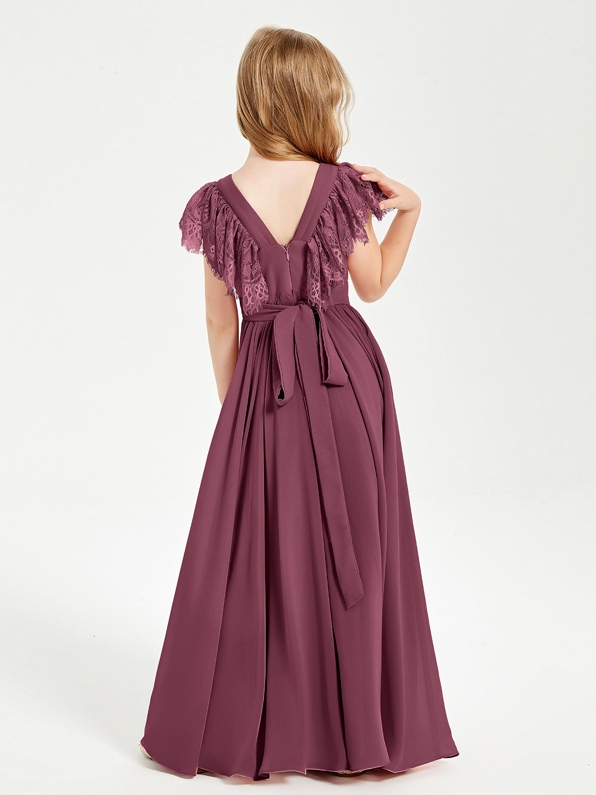 Chiffon Junior Bridesmaid Dresses with Lace Flutter Sleeves Mulberry